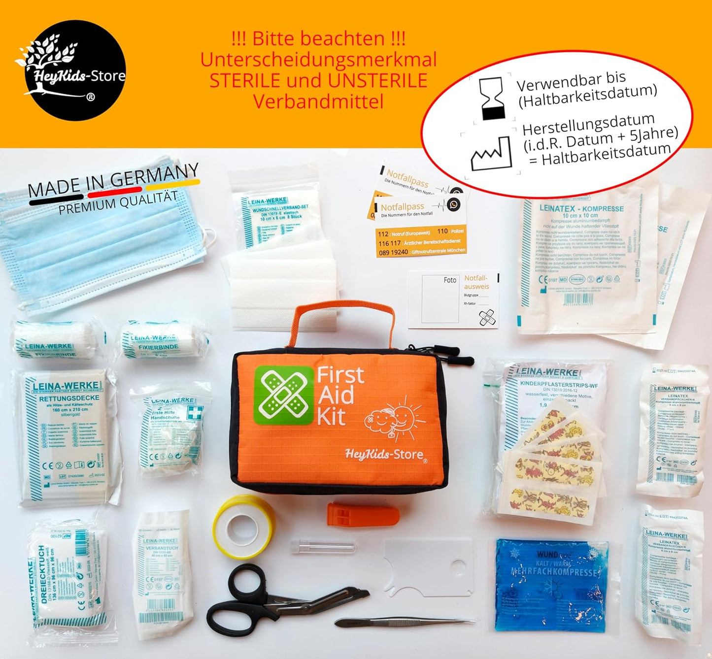 Erste Hilfe Set für Kinder, Baby bis Jugendlicher, 82 Teile, Verbandmaterial CE-zertifiziert und 100% Made in Germany, für Zuhause und unterwegs.