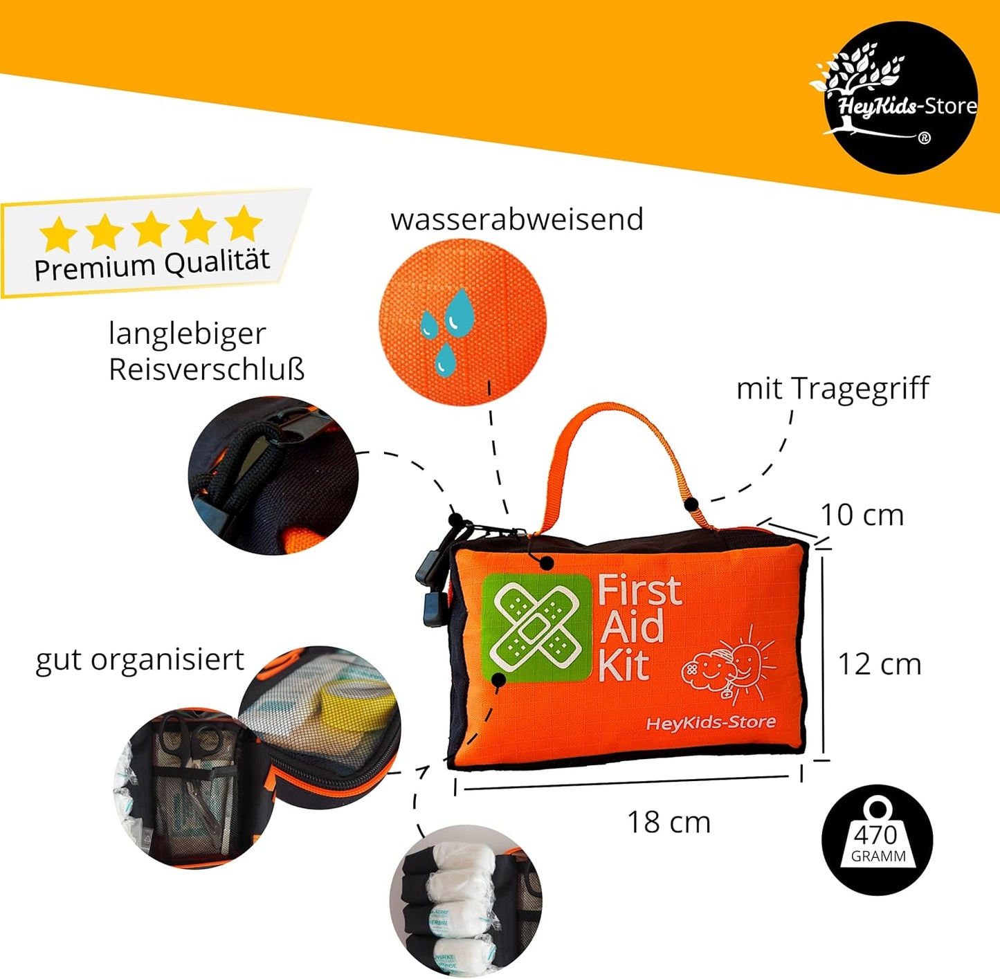 Erste Hilfe Set für Kinder, Baby bis Jugendlicher, 82 Teile, Verbandmaterial CE-zertifiziert und 100% Made in Germany, für Zuhause und unterwegs.