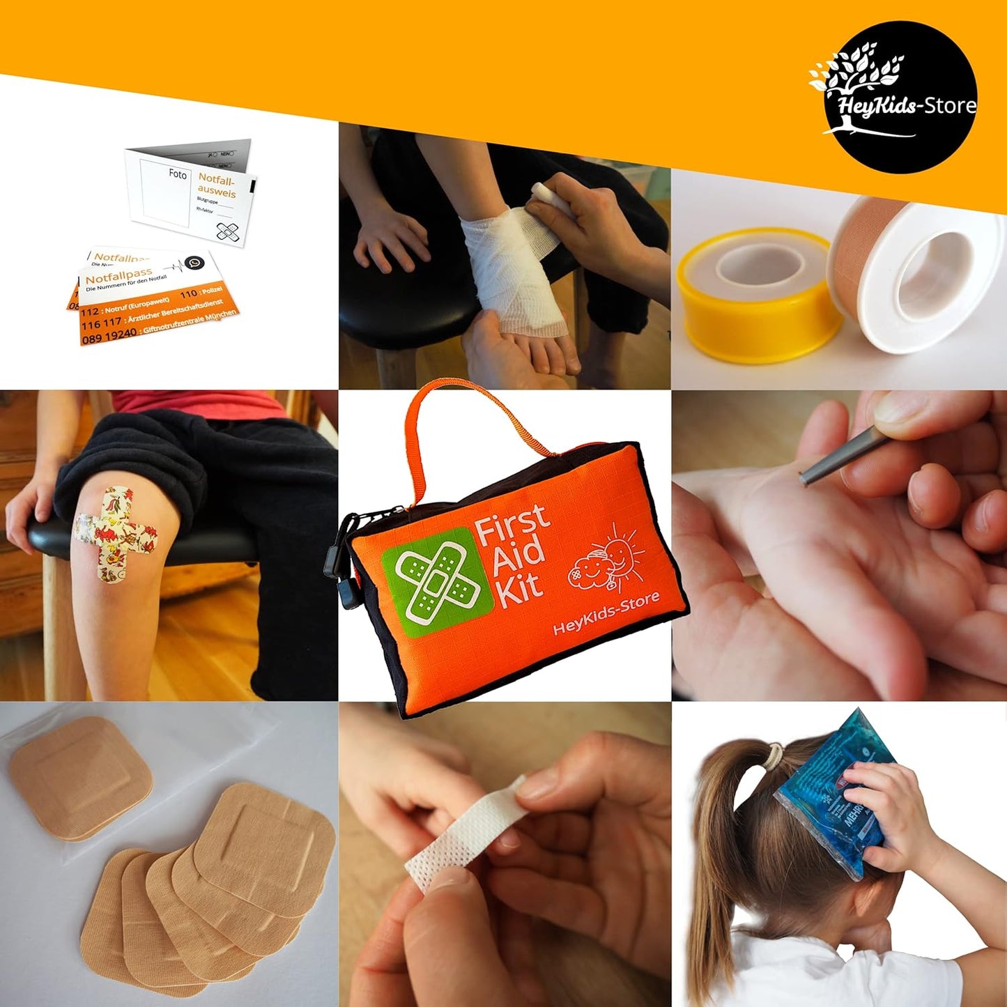 Erste Hilfe Set für Kinder, Baby bis Jugendlicher, 82 Teile, Verbandmaterial CE-zertifiziert und 100% Made in Germany, für Zuhause und unterwegs.