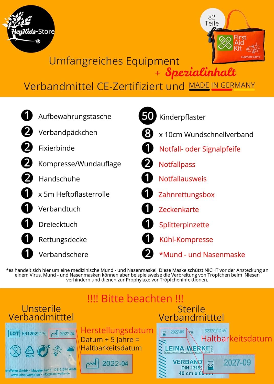 Erste Hilfe Set für Kinder, Baby bis Jugendlicher, 82 Teile, Verbandmaterial CE-zertifiziert und 100% Made in Germany, für Zuhause und unterwegs.